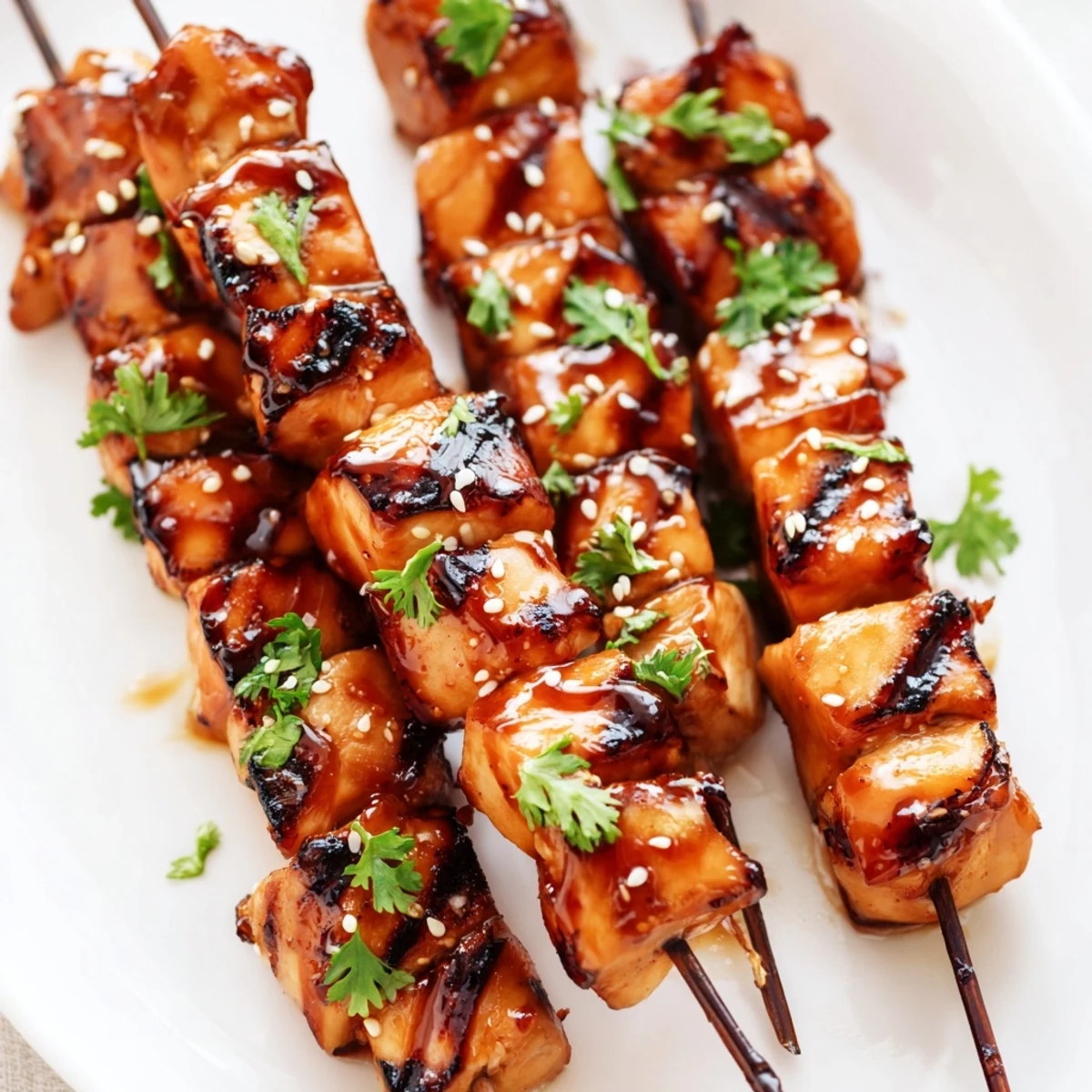 Golden grilled spicy honey garlic chicken skewers glazed with sticky sweet chili marinade