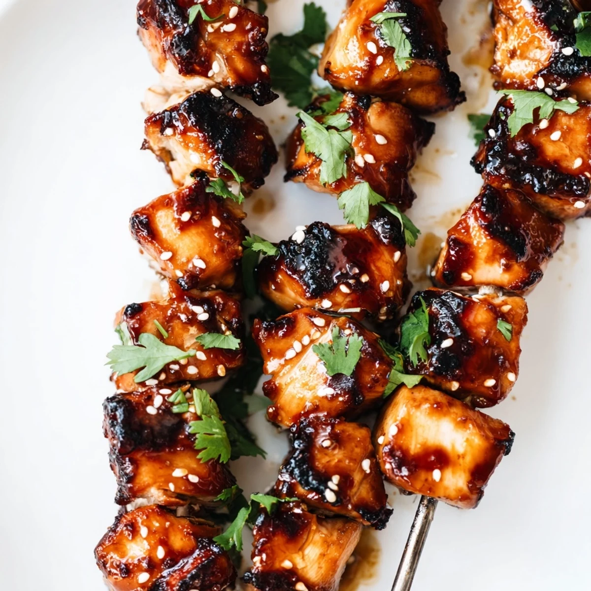 Tender chicken cubes on skewers basted with honey garlic sauce and lightly charred edges