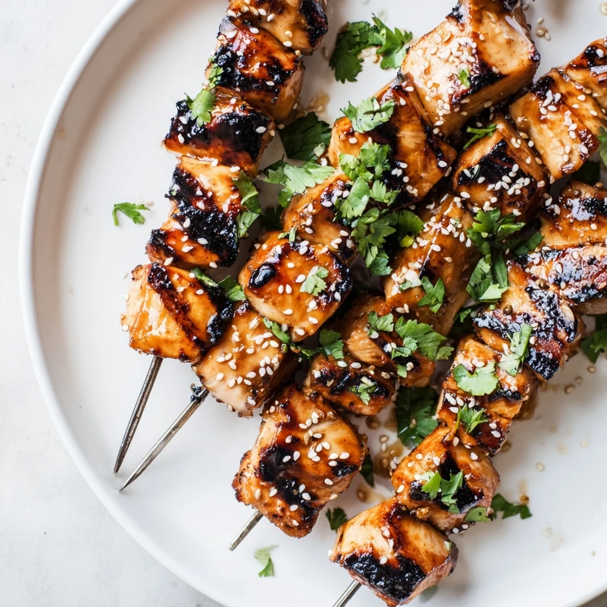 Juicy grilled chicken threaded on skewers topped with fresh cilantro and sesame seeds