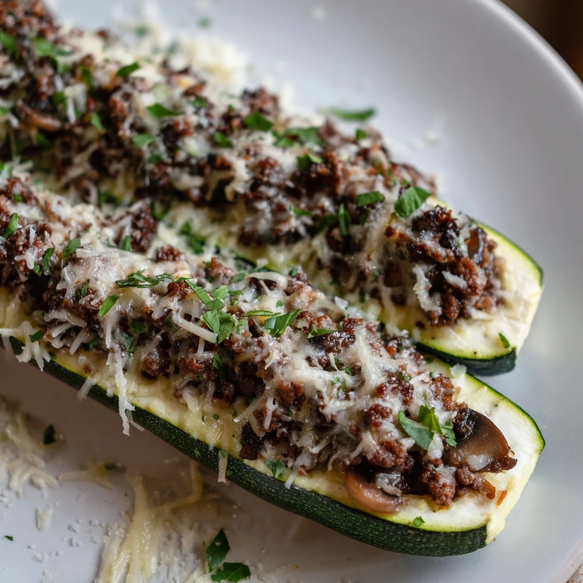 Savory beef and mushroom filling overflows tender zucchini halves baked to golden perfection
