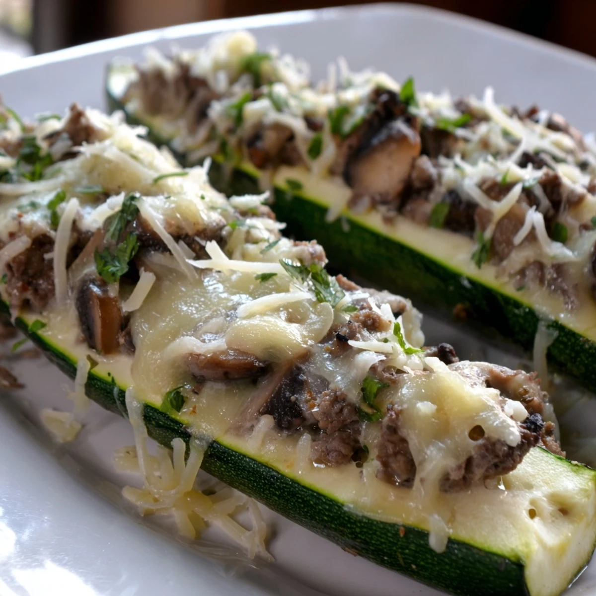 Juicy beef tenderloin with mushrooms fills these delicious low-carb zucchini boats with cheesy topping