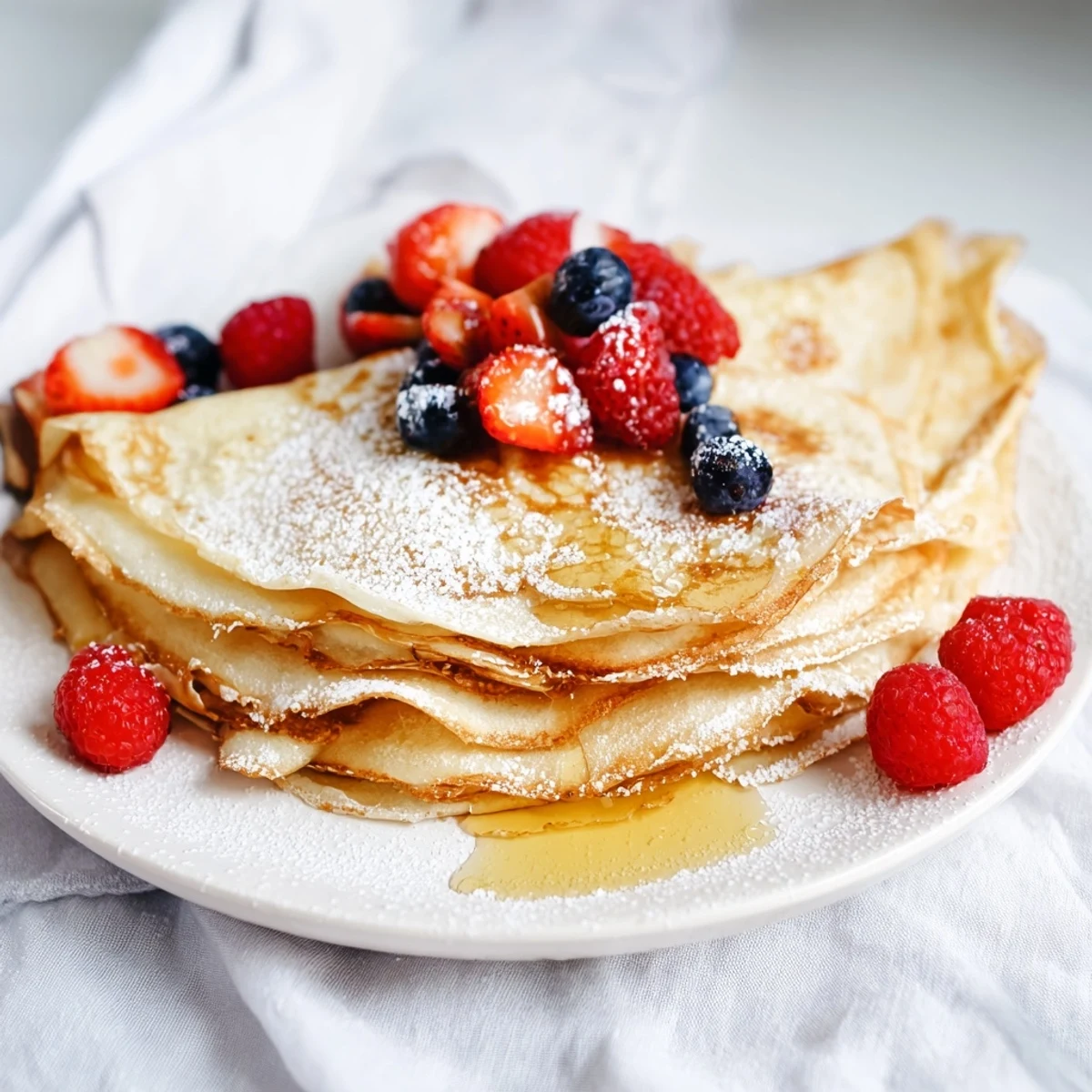 Golden honey drizzles over a stack of warm, delicate French crepes with honey drizzle on a white ceramic plate