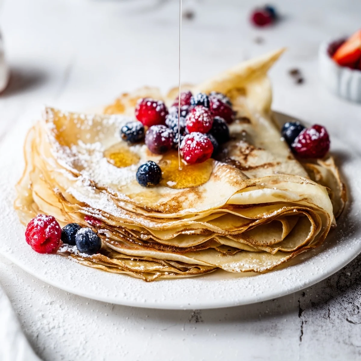 Thin lacy crepes with honey drizzle folded into quarters and topped with fresh berries and powdered sugar
