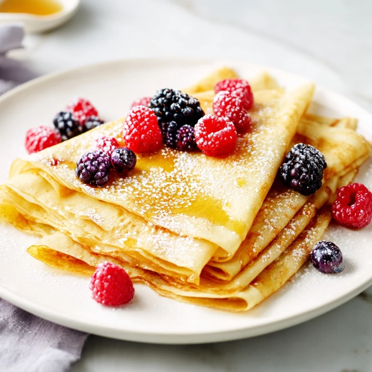 Breakfast plate featuring tender crepes with honey drizzle, golden syrup pooling between the layered pancakes