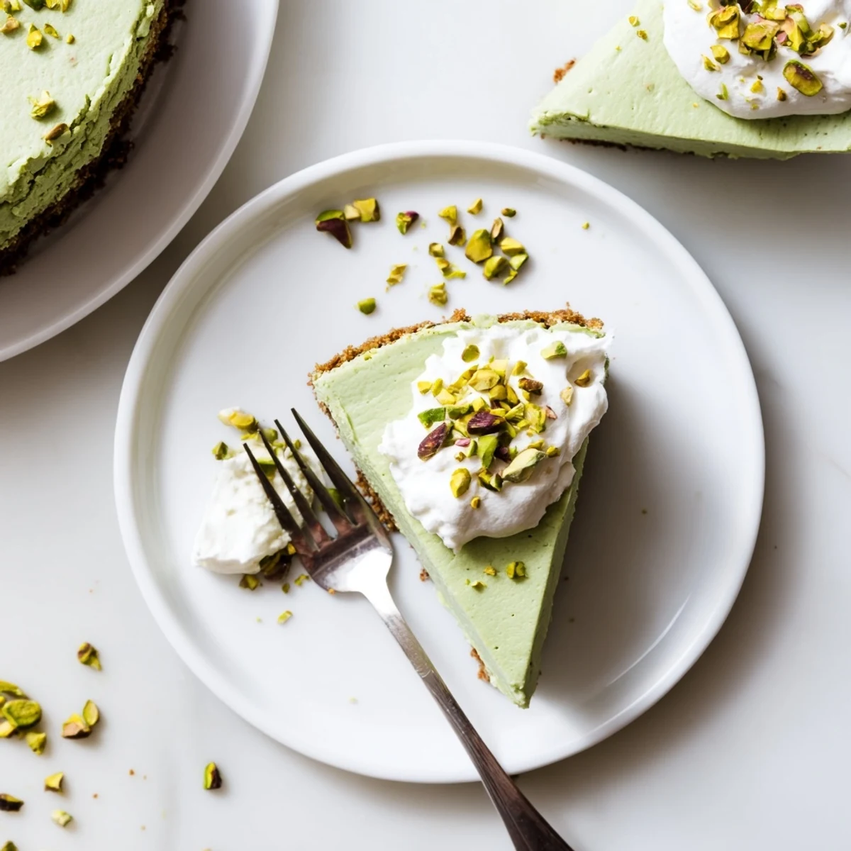 Creamy pistachio cheesecake with green nutty filling served on a buttery graham cracker crust