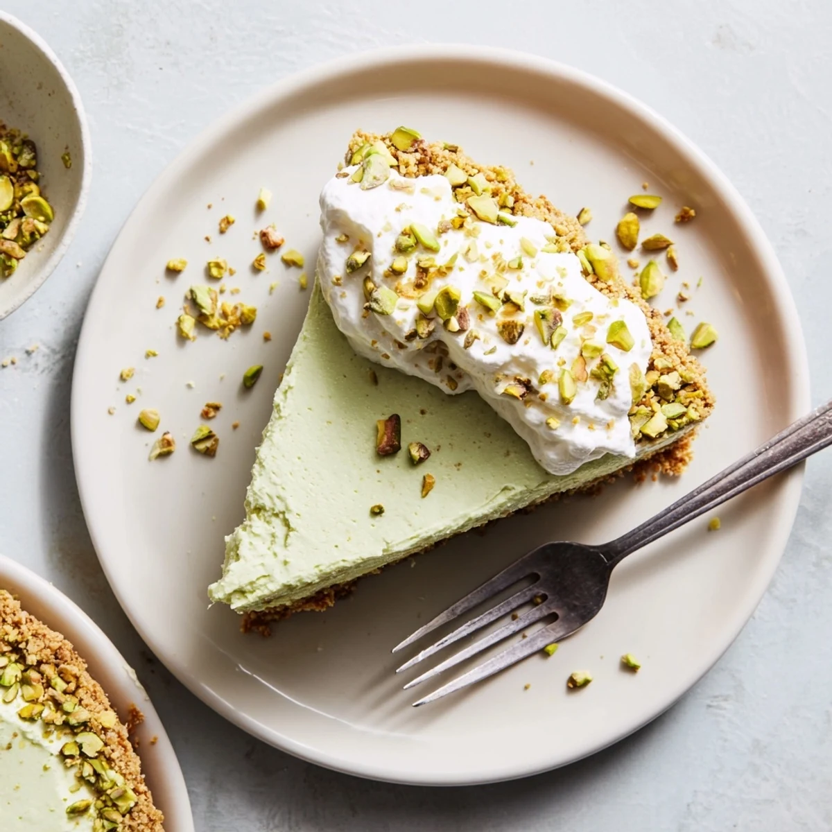 Slice of homemade pistachio cheesecake topped with whipped cream and crushed green pistachios
