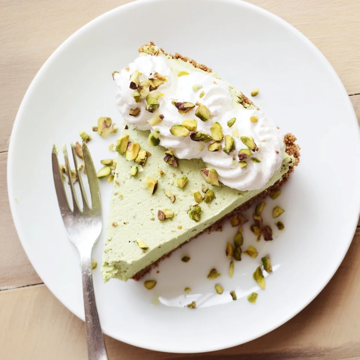 Rich pistachio cheesecake displayed on a white plate, garnished with chopped nuts