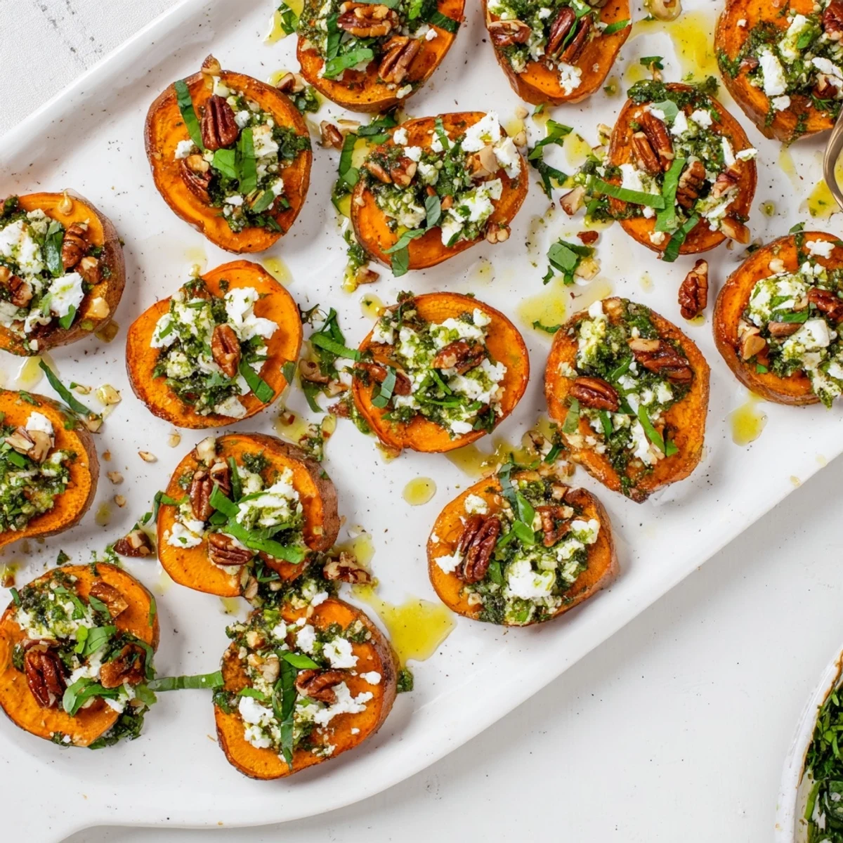 Mediterranean appetizer featuring honey feta sweet potato crostini with fresh herb drizzle and nuts