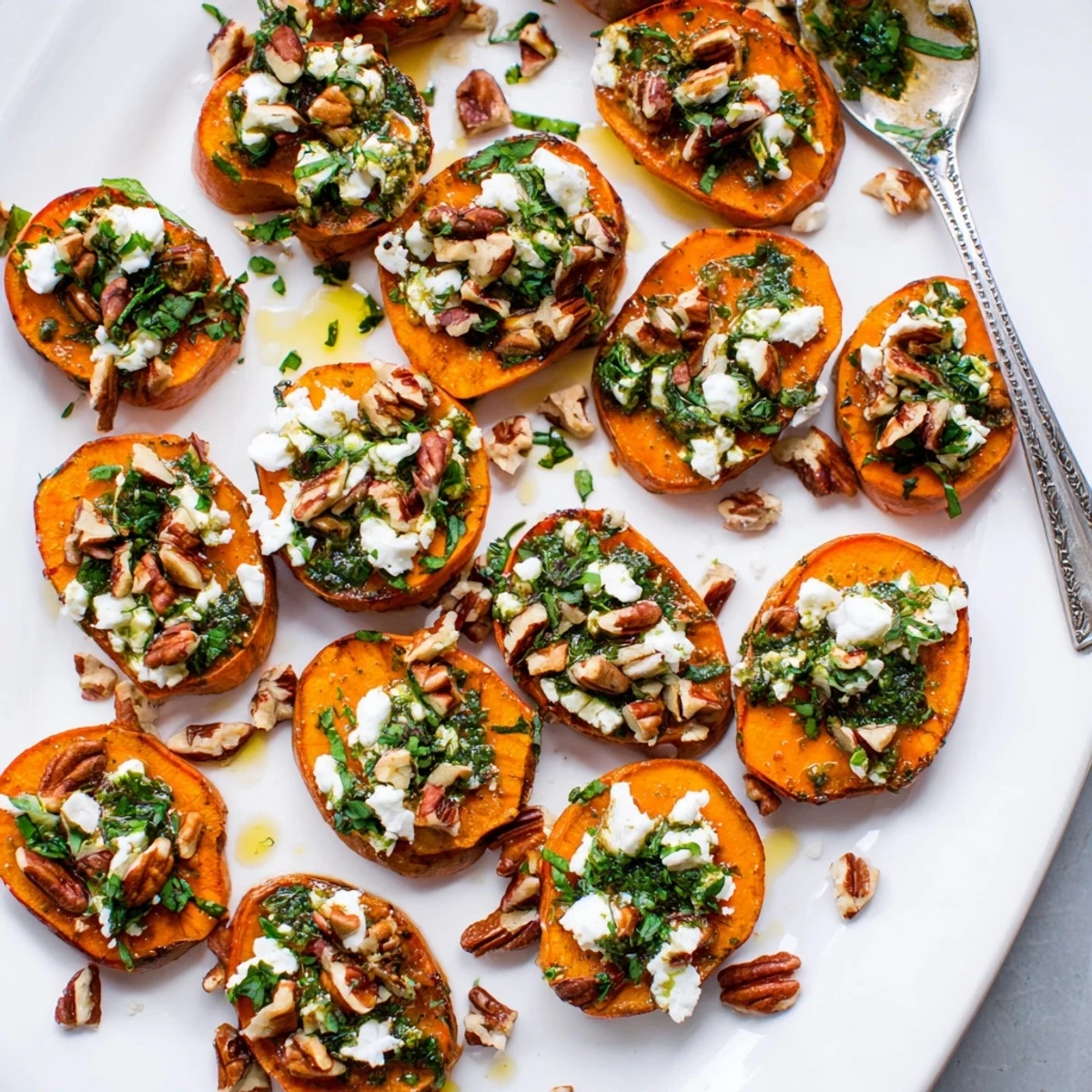 Colorful serving platter of honey feta sweet potato crostini garnished with vibrant green herbs