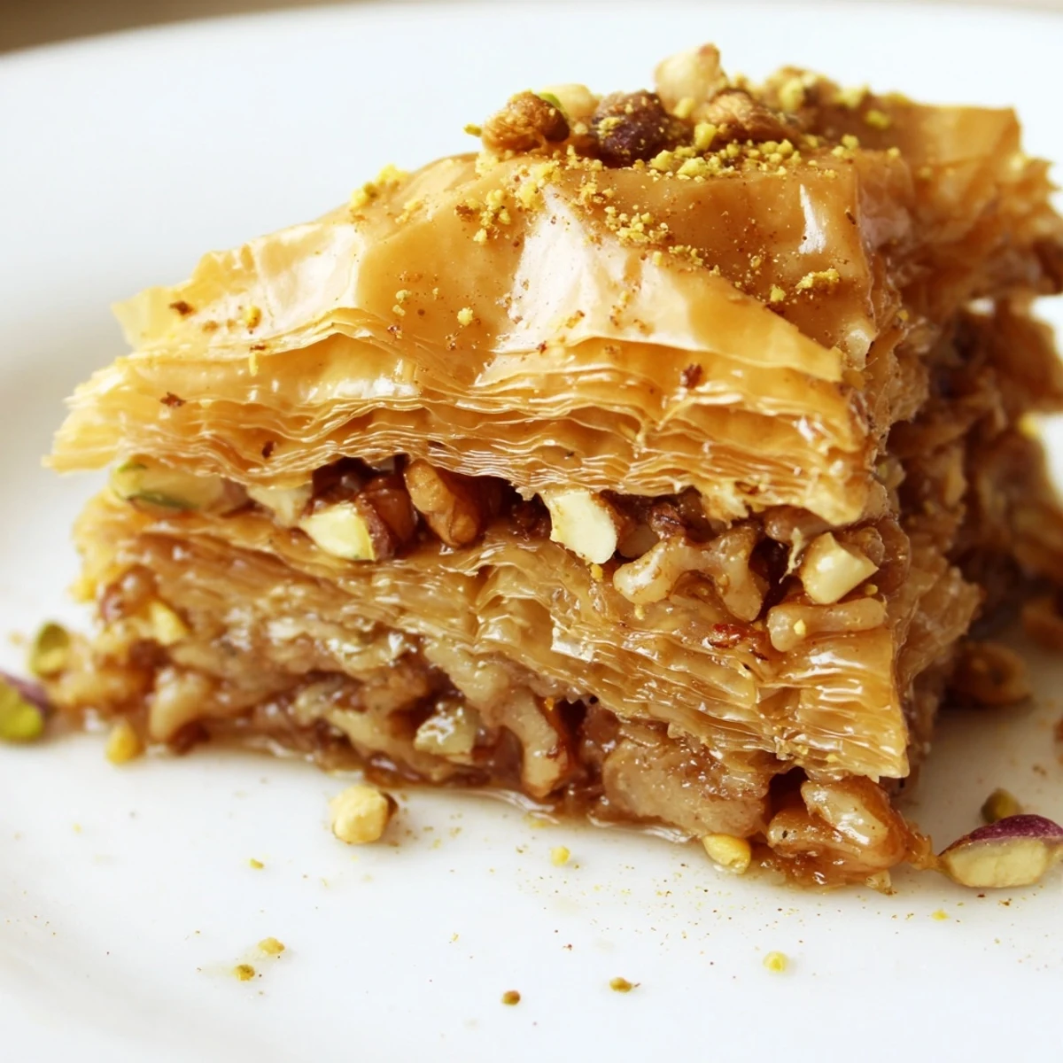 Golden baklava dessert with flaky phyllo layers, chopped walnuts, and pistachios glistening with sweet honey syrup on a serving plate