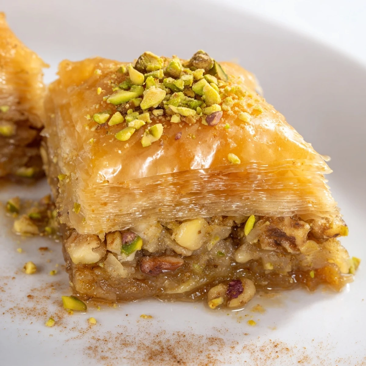 Homemade baklava arranged on a white platter, displaying golden brown phyllo pastry stacked with mixed nuts and drizzled with sticky lemon-honey syrup