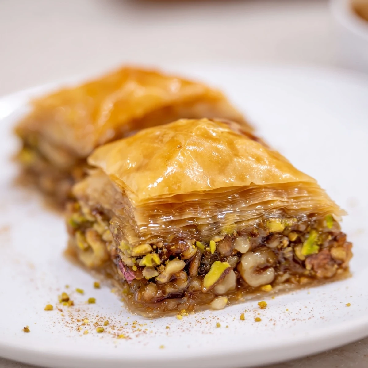 Middle Eastern baklava pastry cut into diamond shapes, featuring crisp buttered layers and a nutty cinnamon filling soaked in aromatic syrup