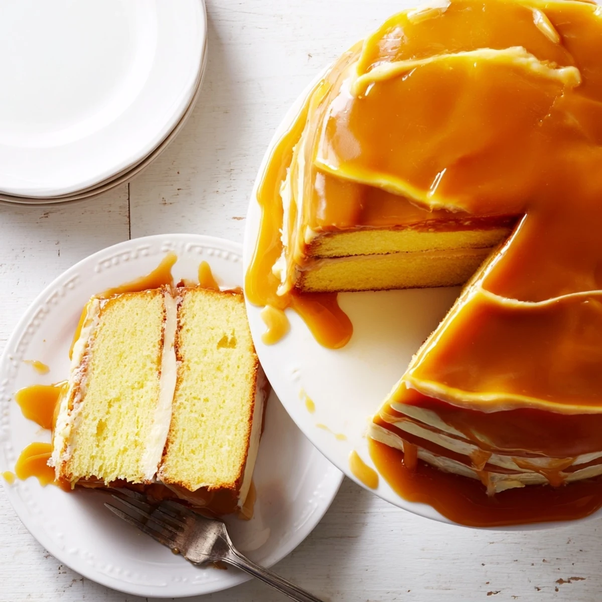 Golden three-layer caramel cake with silky buttercream frosting and glossy amber drizzle