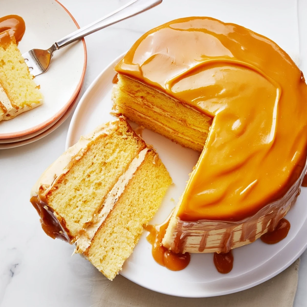 Decadent caramel cake topped with shiny caramel glaze and fluffy whipped frosting
