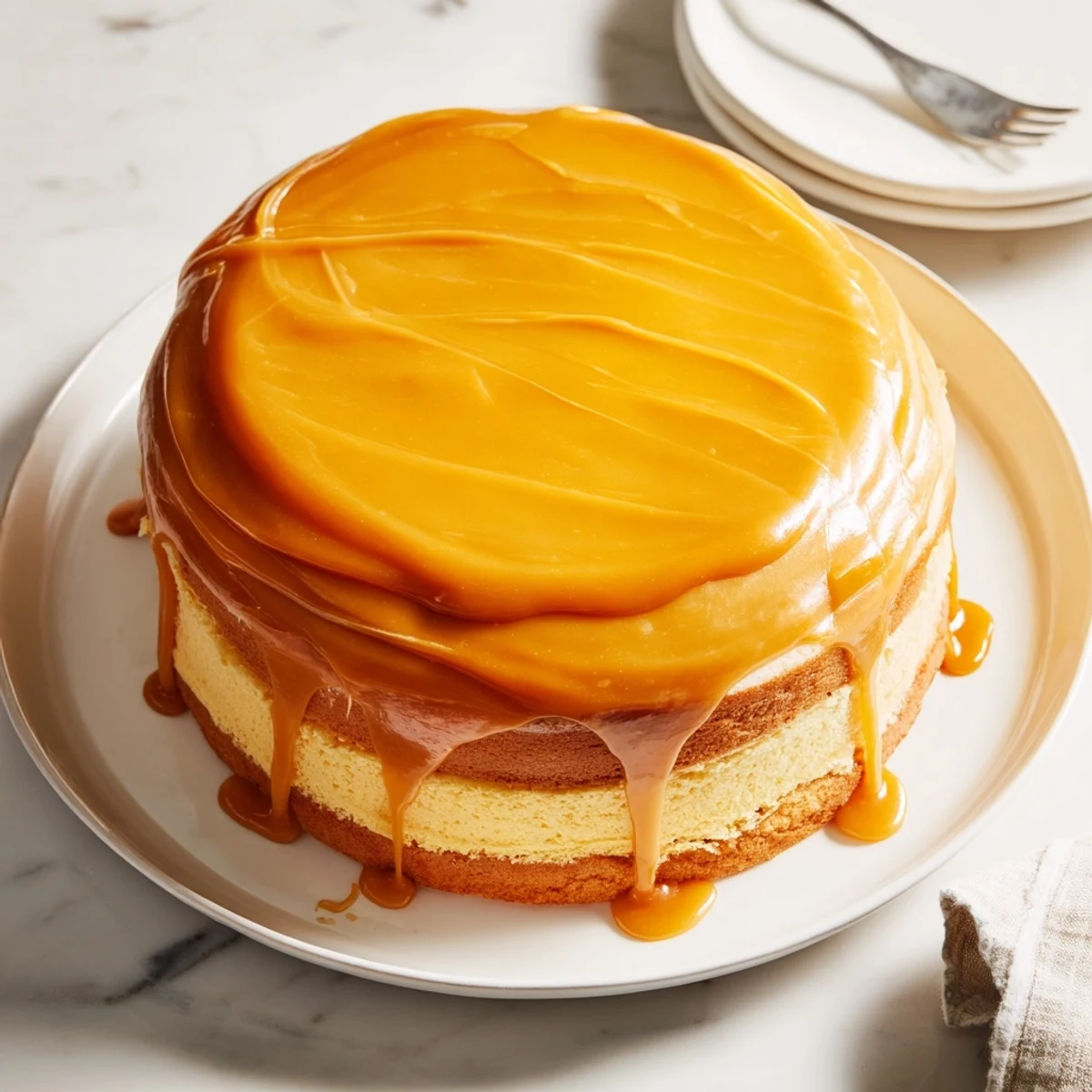 Rich buttery caramel cake slice showing tall layers and creamy caramel frosting