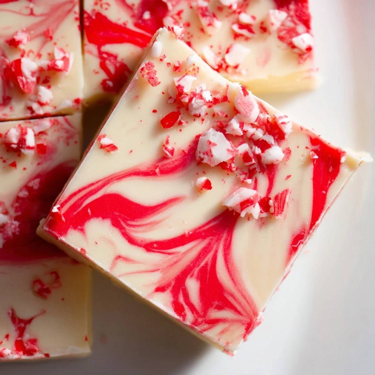 Creamy homemade Peppermint Swirl Fudge with marbled red and white chocolate topped with crushed candy canes