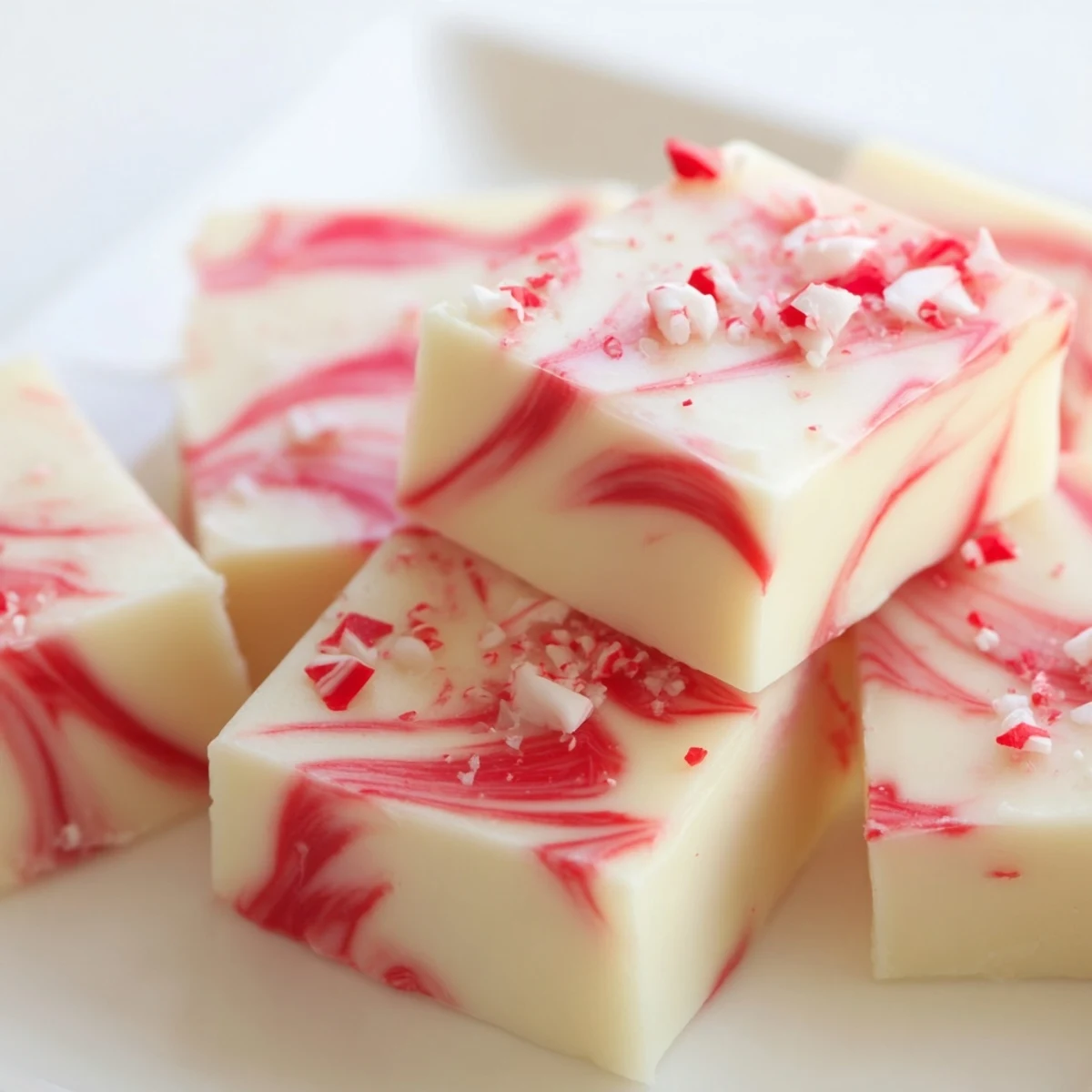 Rich Peppermint Swirl Fudge squares showcasing festive red swirls through smooth white chocolate and peppermint candy garnish