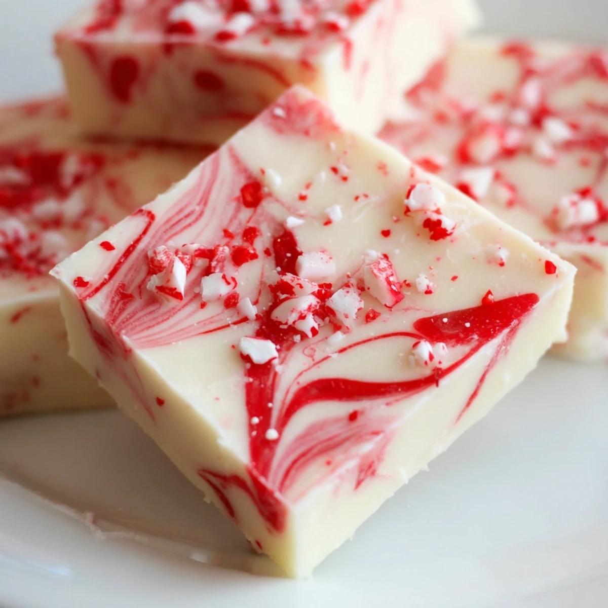 Holiday Peppermint Swirl Fudge arranged on a serving plate with vibrant marbled pattern and sugared peppermint pieces