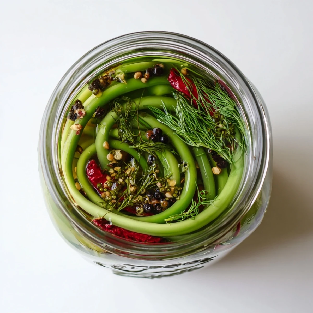 Golden jar filled with spicy pickled garlic scapes immersed in tangy vinegar brine with visible spices