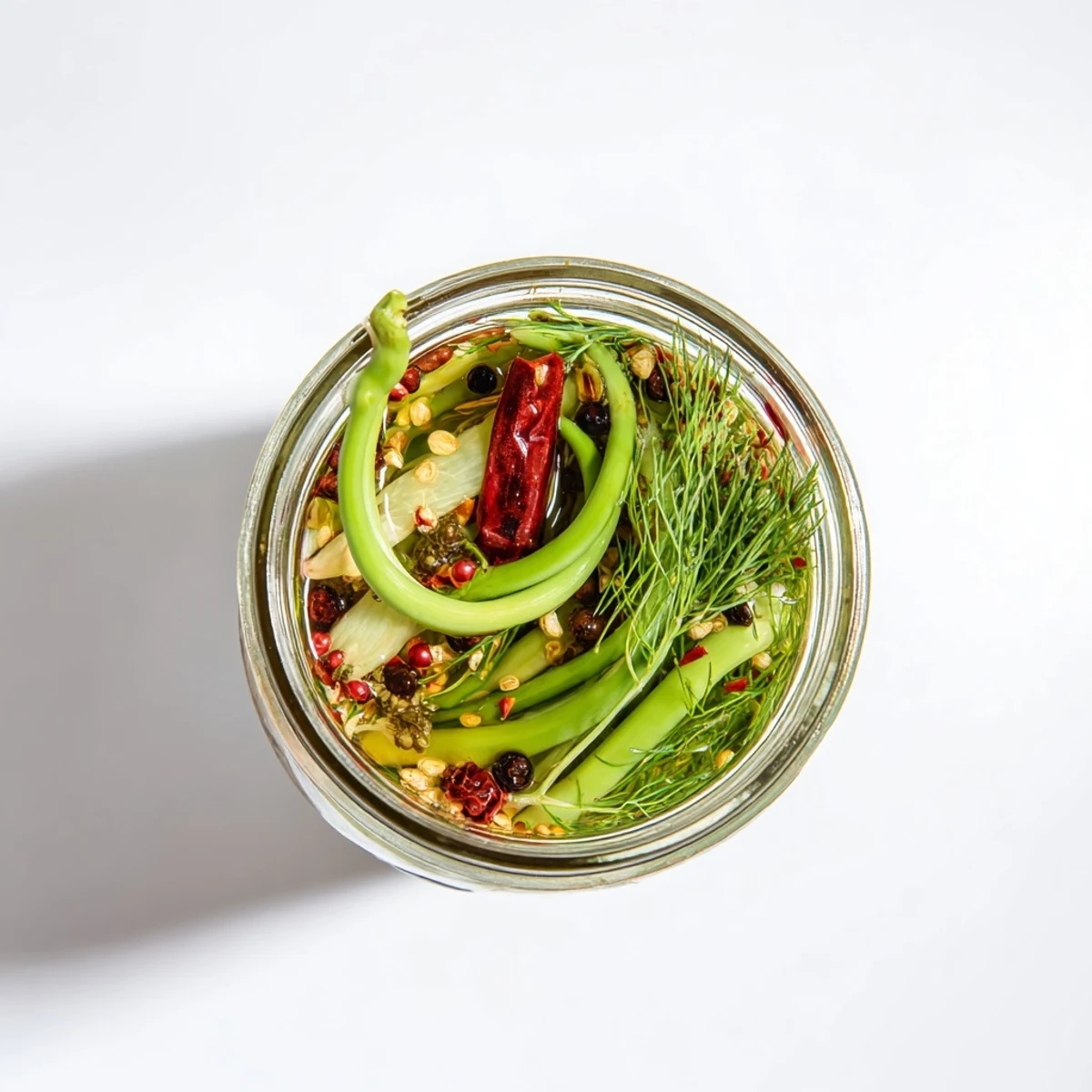 Fresh curly garlic scapes packed tightly in glass jars with dried chili peppers and fragrant dill sprigs