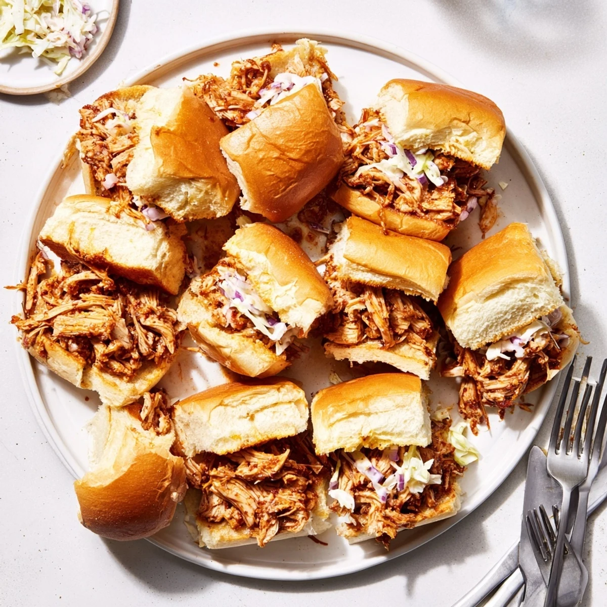 Golden BBQ pulled chicken sliders piled high on soft sweet Hawaiian rolls with creamy coleslaw