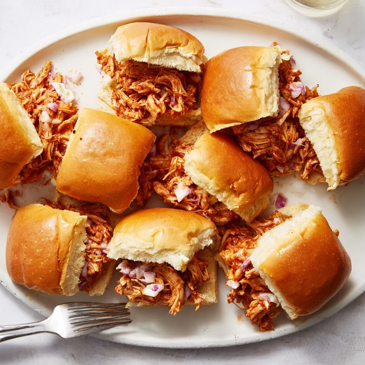 Tender smoky BBQ chicken stuffed between toasted buttery Hawaiian sweet rolls for easy party appetizers