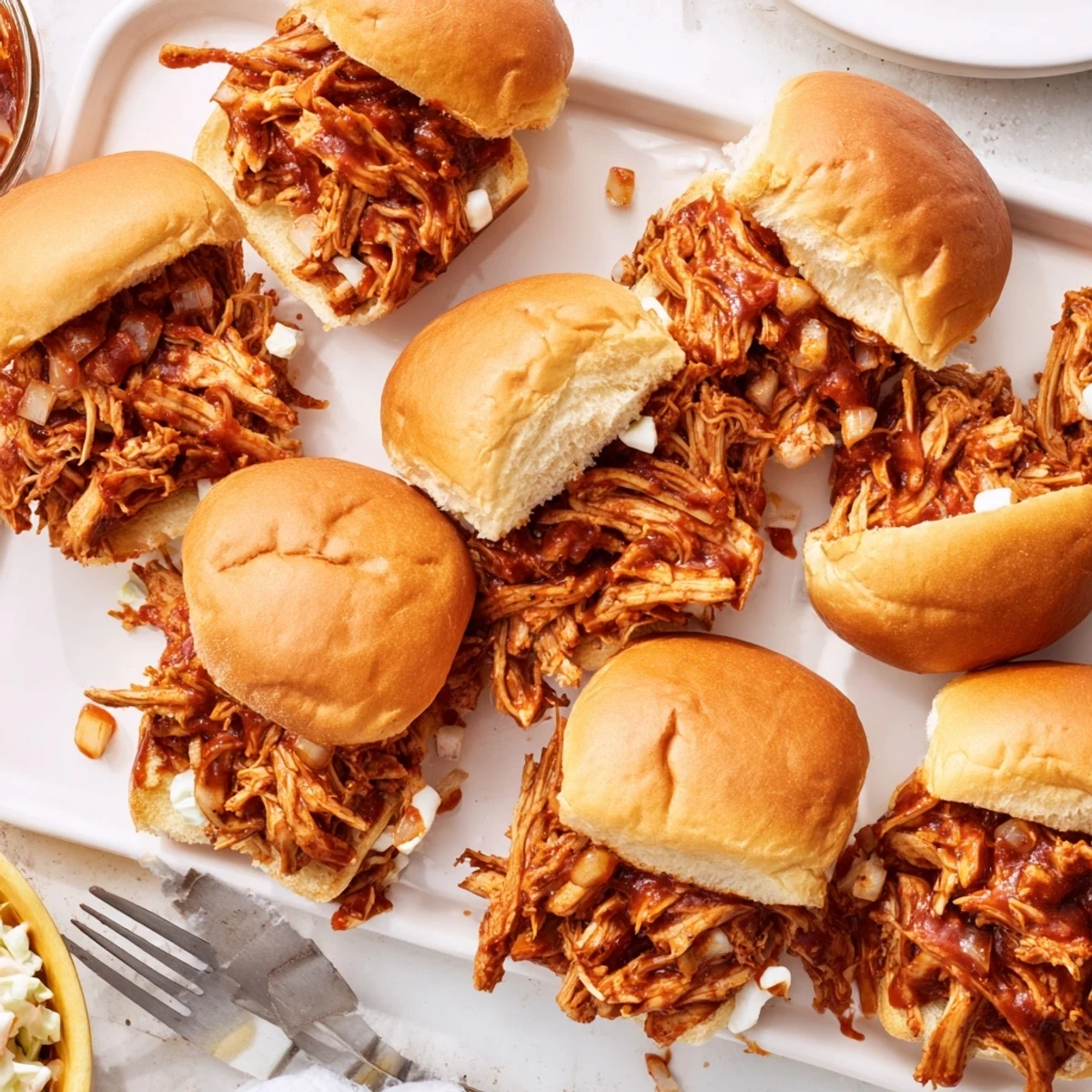 Homemade pulled chicken sliders featuring shredded meat in tangy barbecue sauce on fluffy golden bakery rolls