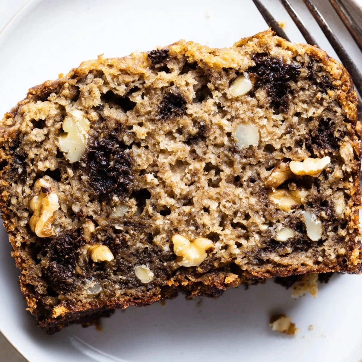 Golden slice of protein banana bread oil free topped with walnuts on a wooden cutting board