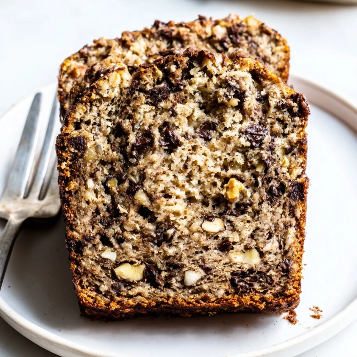 Thick slice of protein banana bread oil free served on a white plate with cinnamon dusting