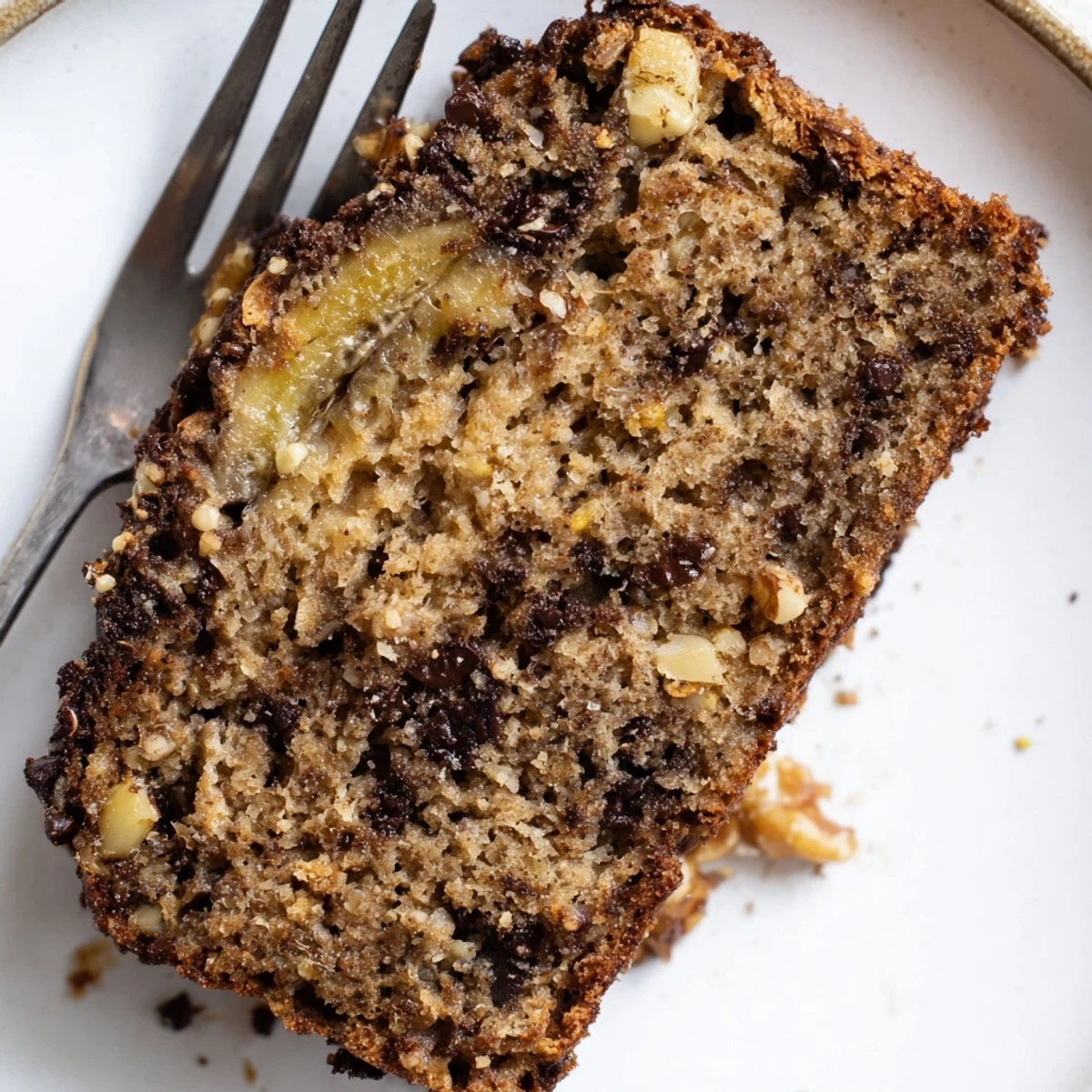 Moist oil-free protein banana bread loaf freshly baked with dark chocolate chips and ripe bananas