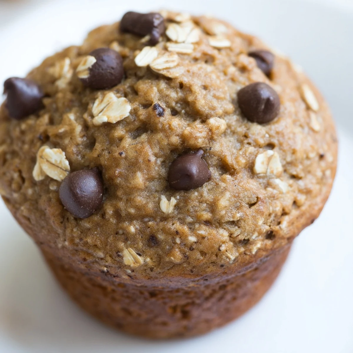 Golden banana chocolate chip muffins with oats fresh from the oven, topped with melty chocolate