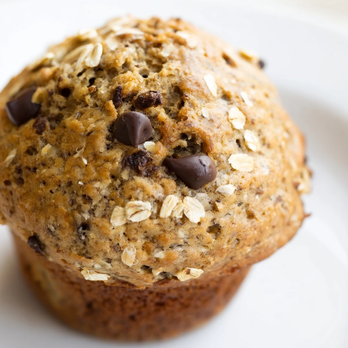 Stack of moist banana oat muffins studded with semi-sweet chocolate chips ready for breakfast