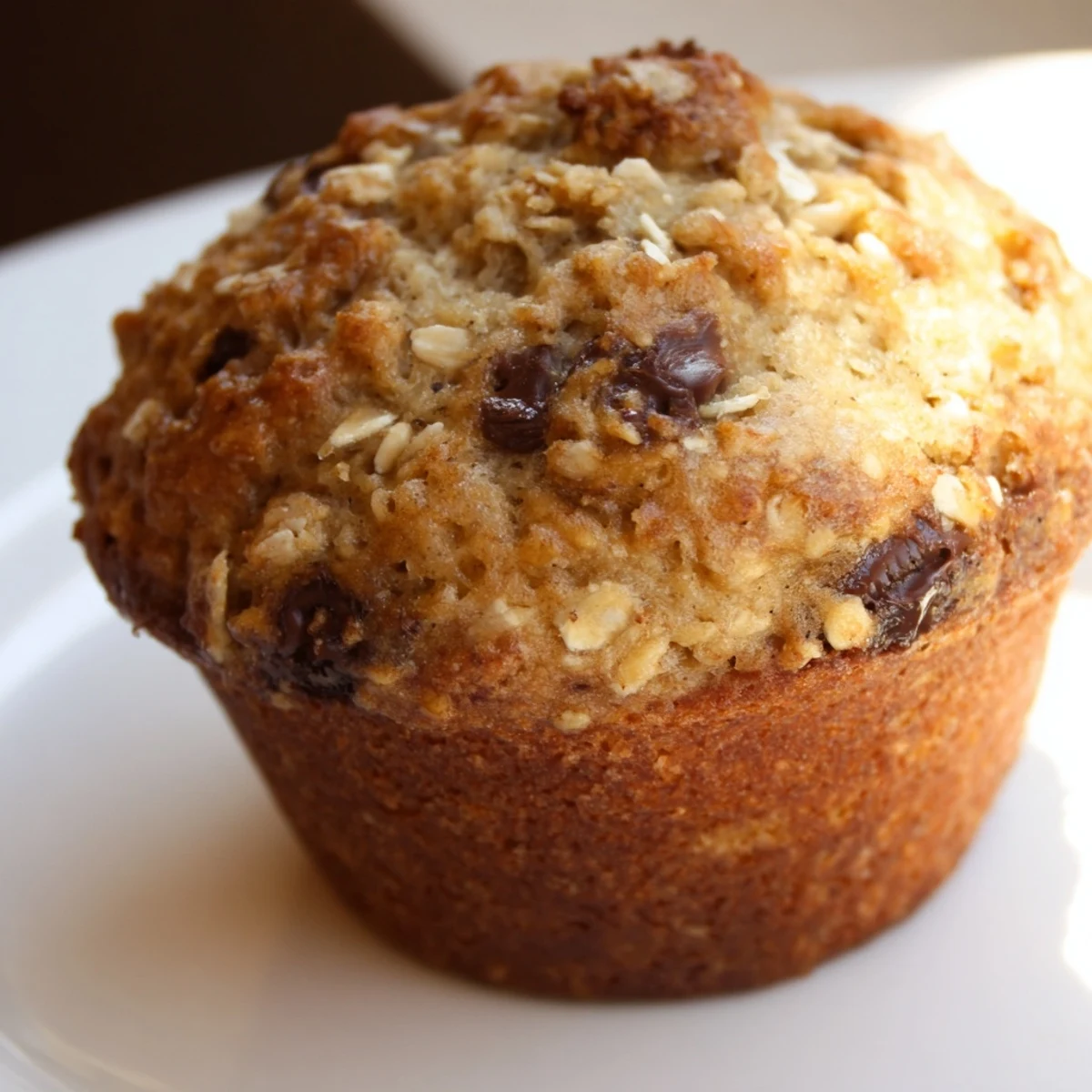 Soft homemade muffins featuring ripe bananas and hearty oats on a wooden cutting board