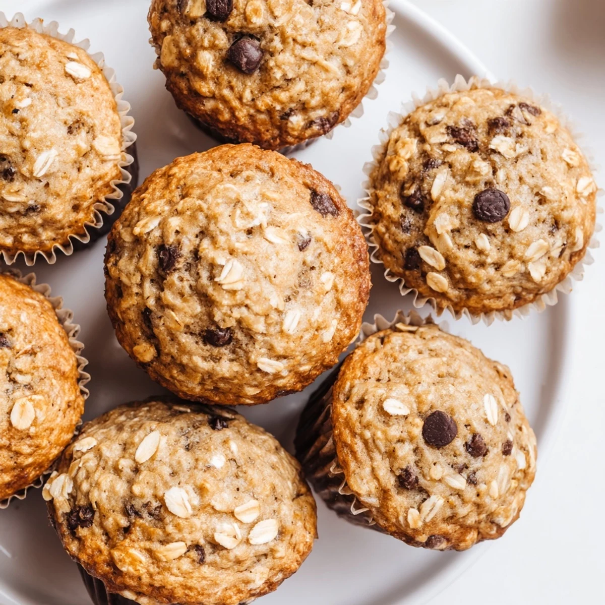 Golden brown banana oatmeal muffins topped with oats on a wire rack