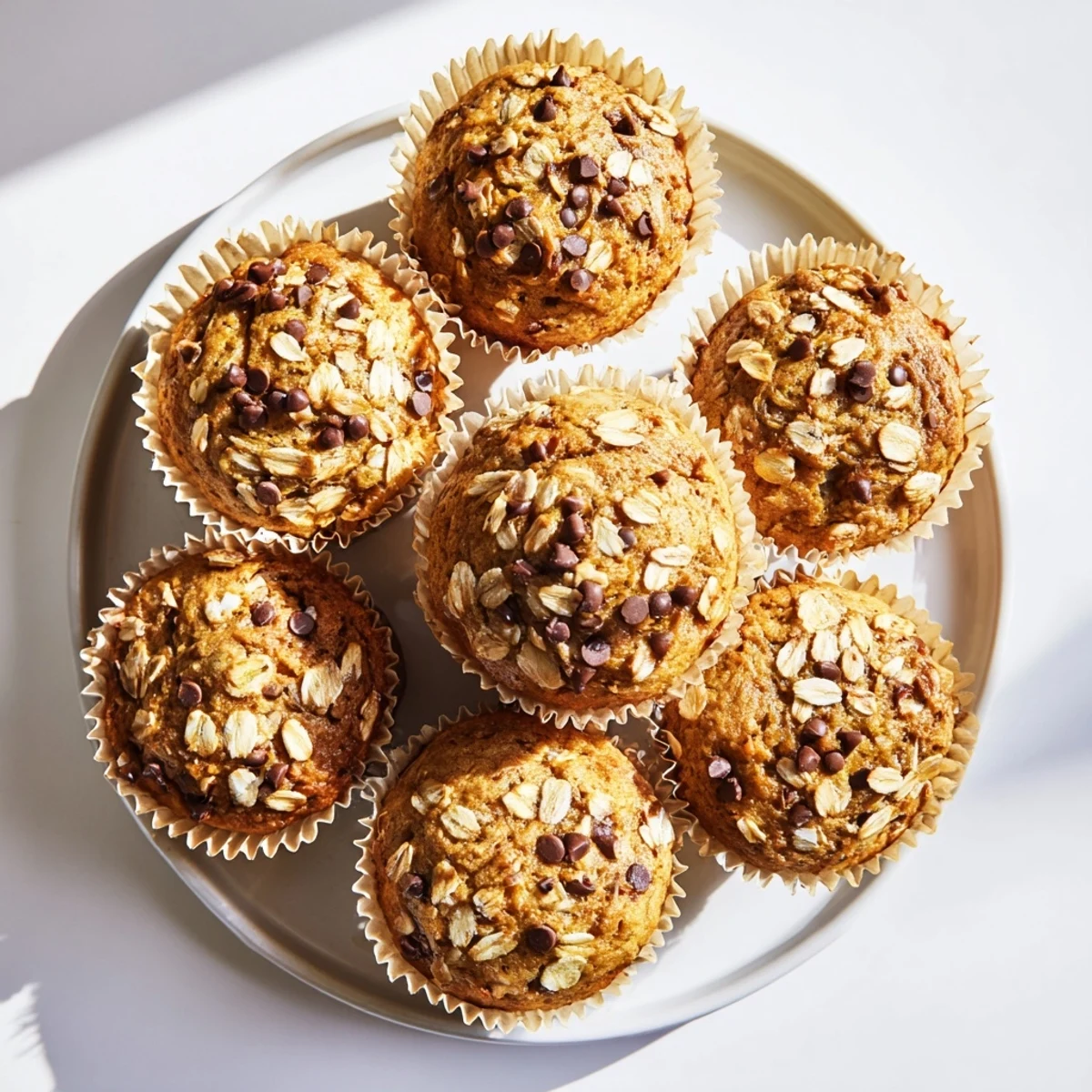 Batch of wholesome banana oatmeal muffins in paper liners ready for breakfast