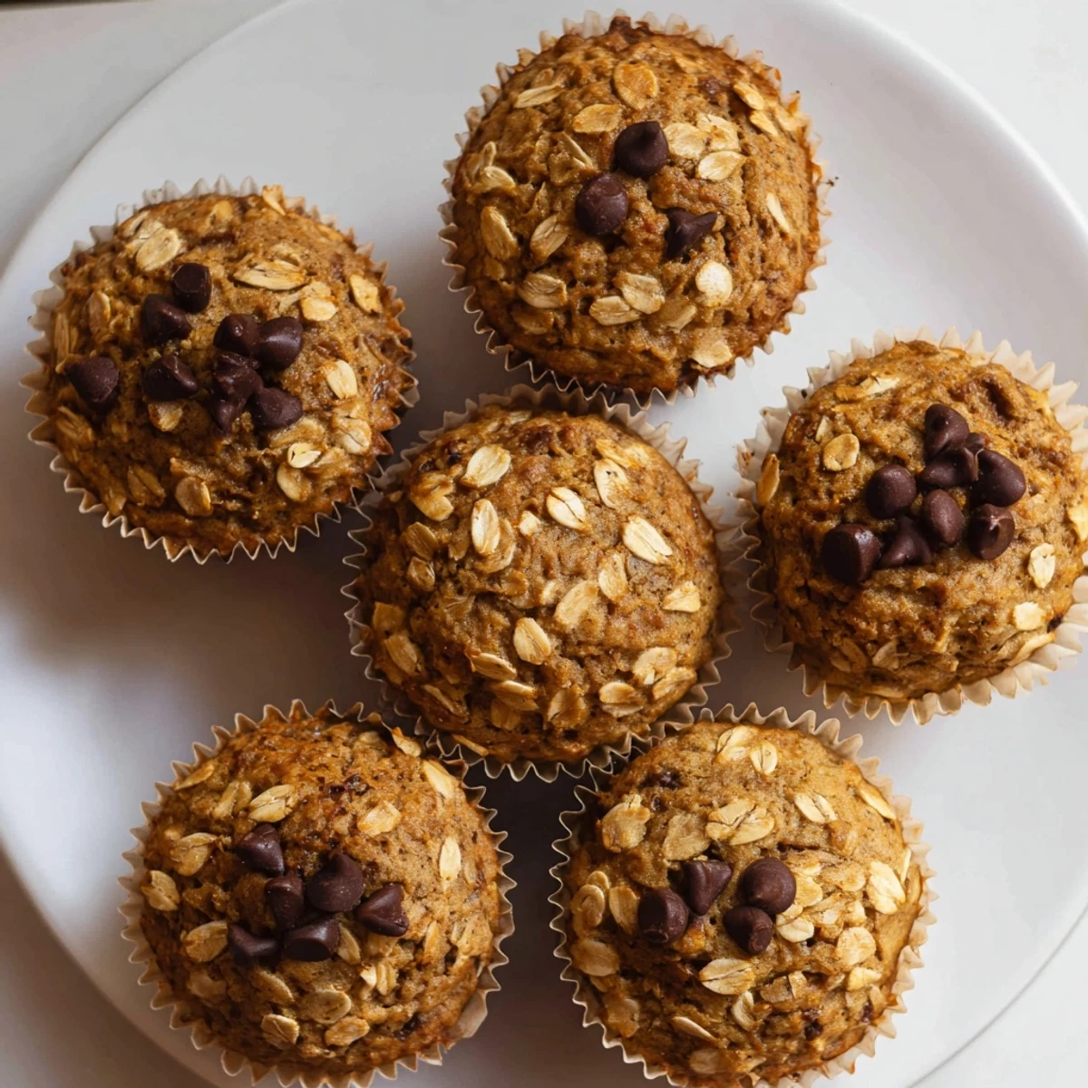 Freshly baked moist banana oatmeal muffins with chocolate chips cooling on baking sheet
