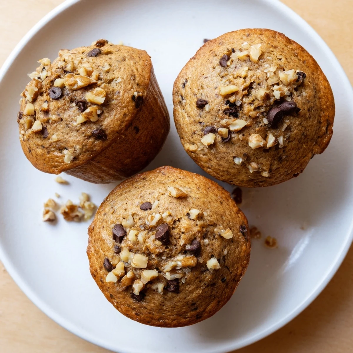 Golden brown Healthy Banana Nut Muffins topped with chopped walnuts on a wire cooling rack