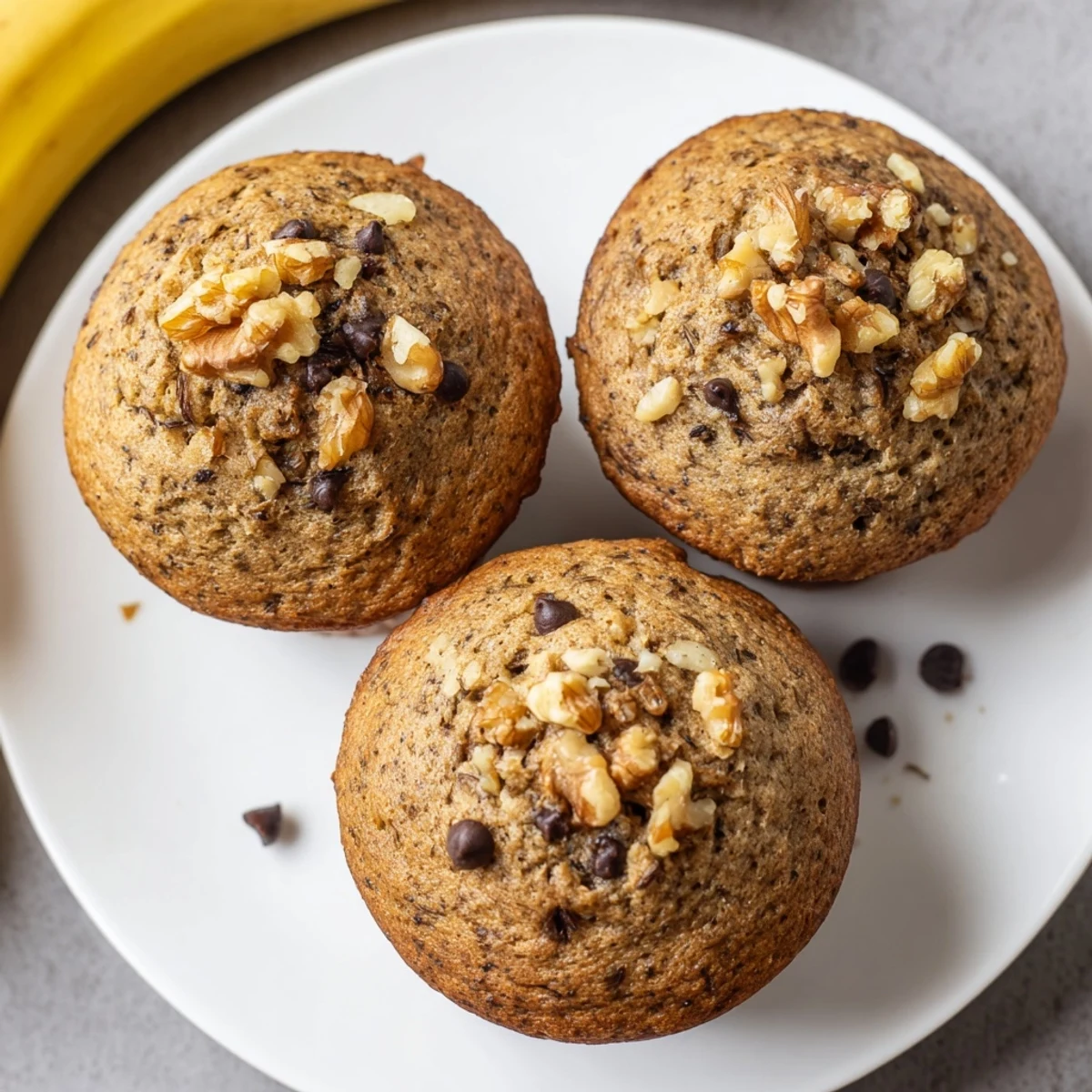 Freshly baked Healthy Banana Nut Muffins with ripe banana chunks and crunchy pecans on a wooden board