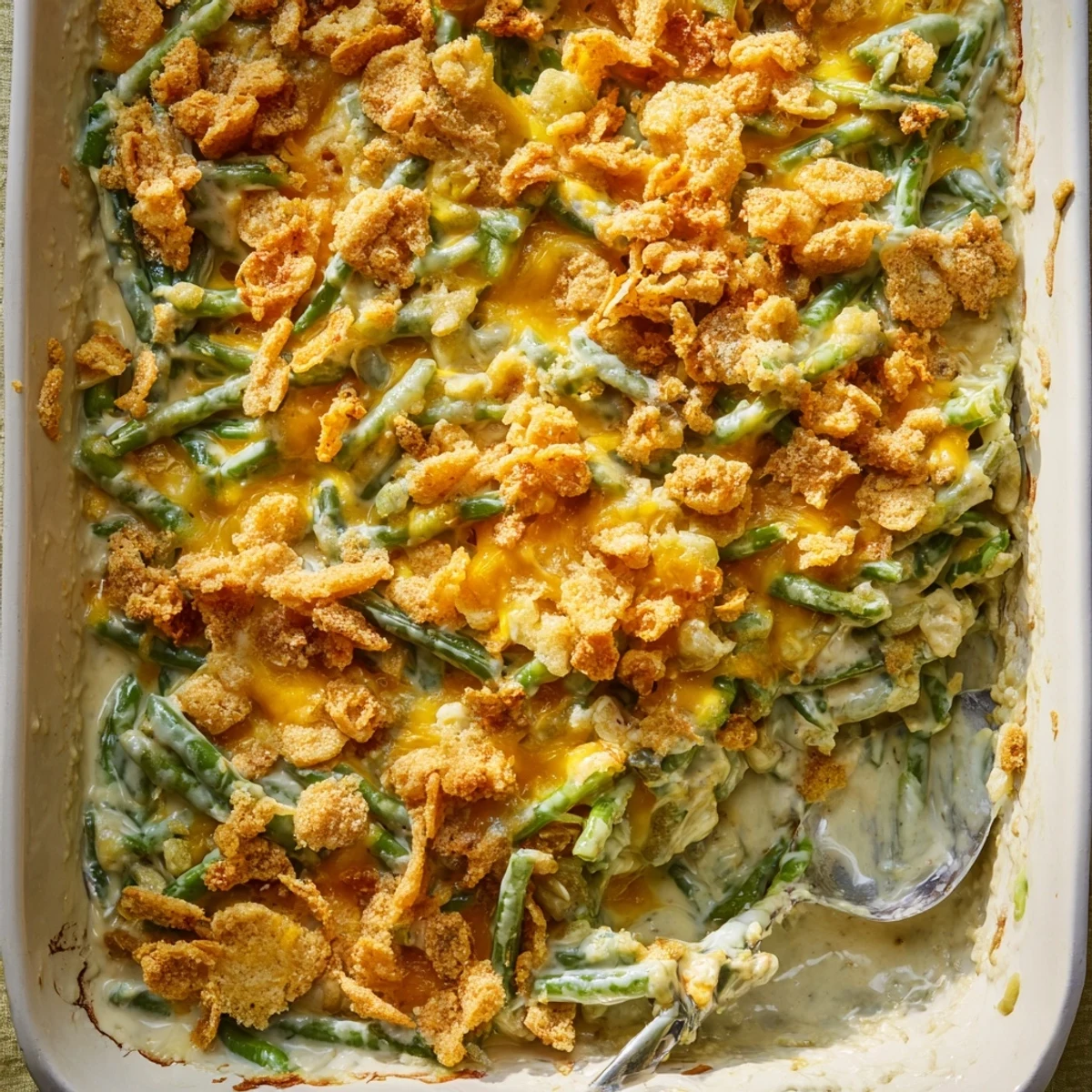 Creamy green bean casserole layered with melted cheddar and buttery crushed Ritz crackers