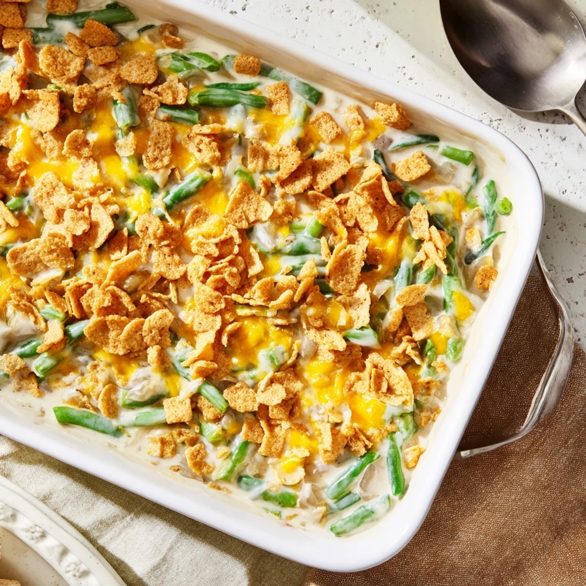 Holiday green bean casserole with tender beans in mushroom sauce topped with golden buttered crackers