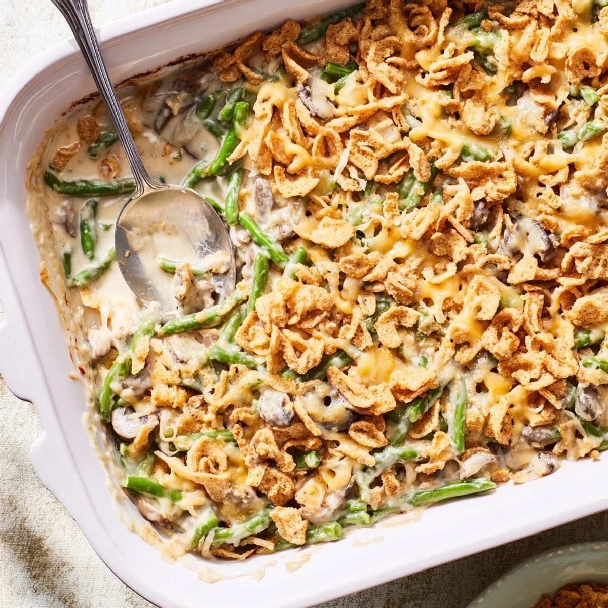 Golden brown green bean casserole with crispy Ritz cracker topping bubbling in a baking dish