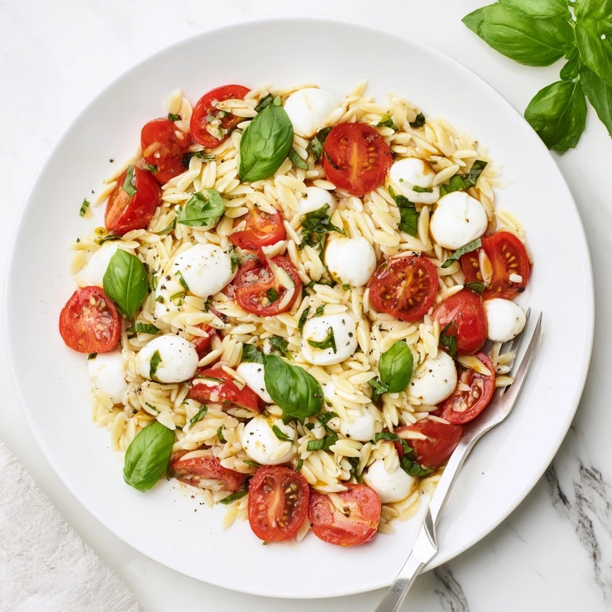 Colorful Caprese Orzo Pasta Salad tossed with cherry tomatoes, fresh mozzarella, and fragrant basil in a white serving bowl