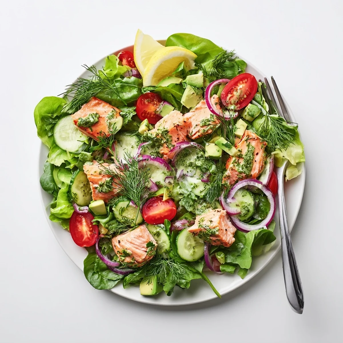 Flaky baked salmon chunks atop fresh mixed greens with cherry tomatoes, cucumber, and zesty lemon-dill dressing