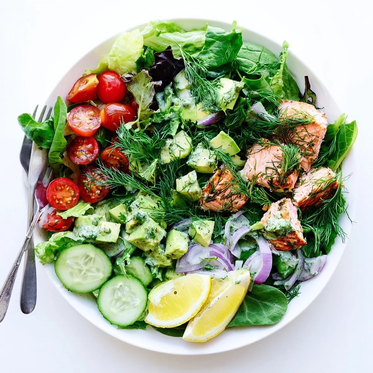 Protein-packed ultimate salmon salad arranged on white plate with roasted salmon pieces and vibrant vegetable medley