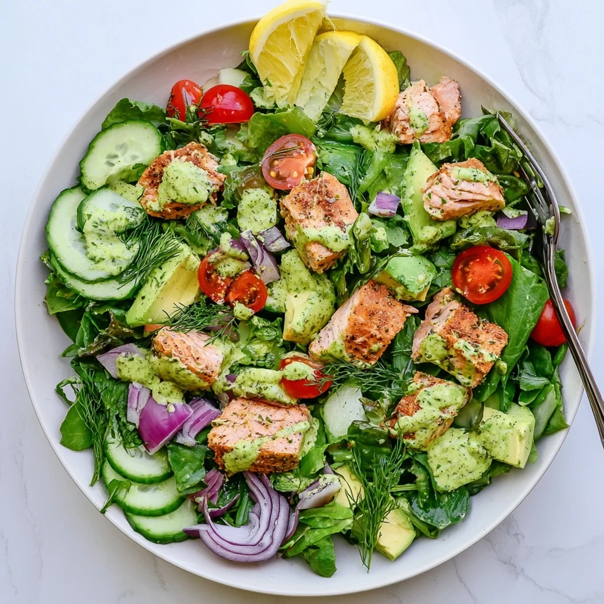 Colorful ultimate salmon salad bowl featuring crisp vegetables, creamy avocado, and tender protein-rich fish