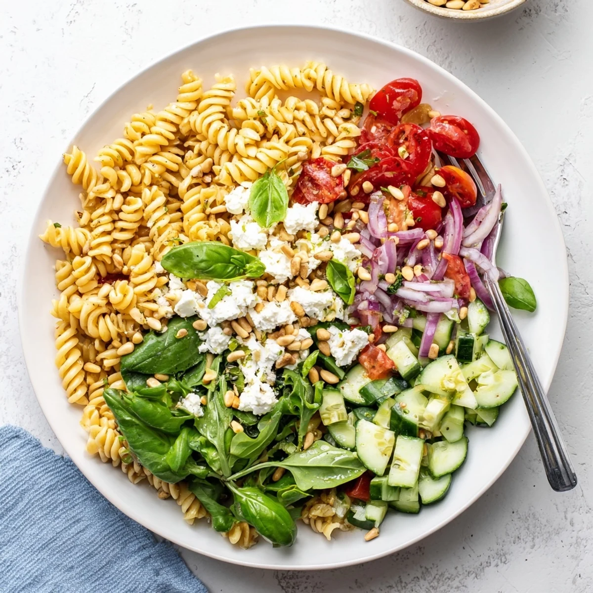 Colorful summer pasta salad with baby greens, cherry tomatoes, and crisp vegetables in a light lemon dressing