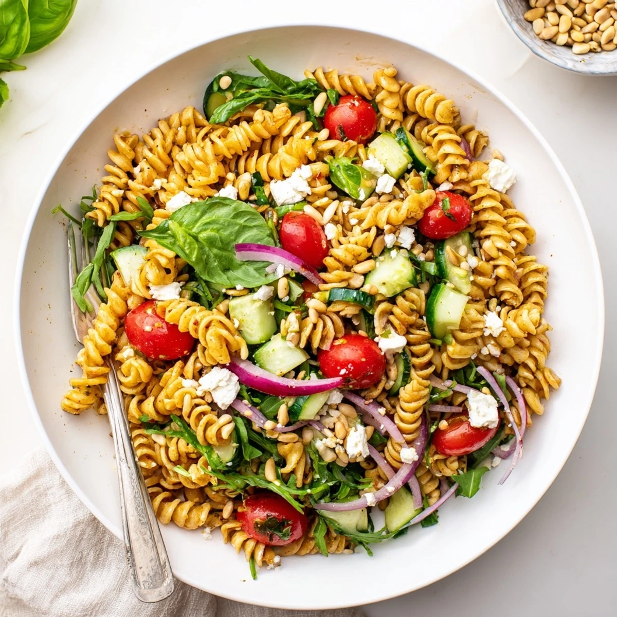 Refreshing summer pasta salad featuring tender baby greens, crunchy veggies, and feta cheese for a perfect picnic lunch