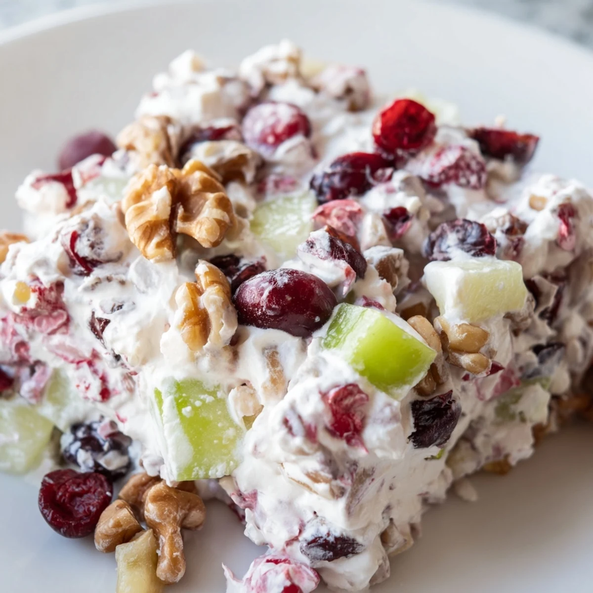 Frozen cranberry salad in a white serving dish with red berries and creamy swirls
