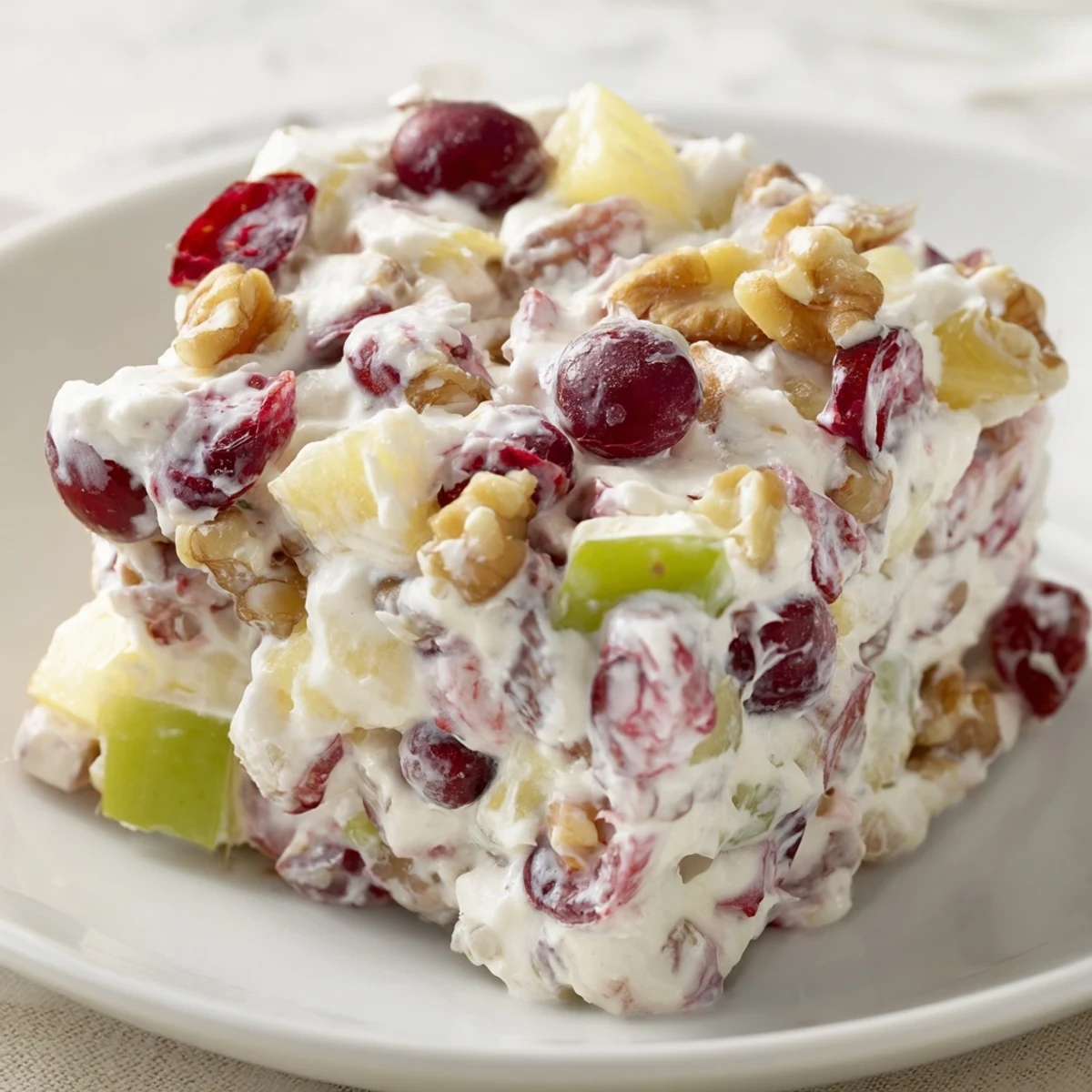 Creamy frozen cranberry salad showing colorful fruit chunks and chopped walnuts throughout