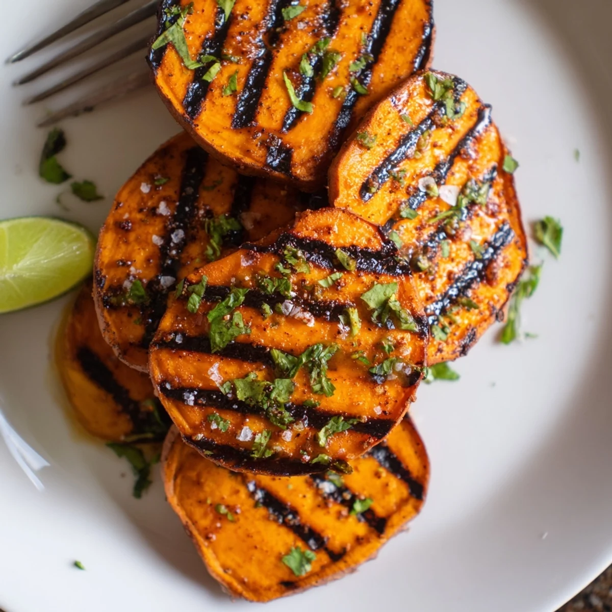 Grilled Sweet Potatoes with smoky char, olive oil sheen, lime wedges  